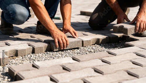 Medium shot of artisans arranging interlocking pavers demonstrating precise placement in a permeable pavement pattern for effective drainage.
