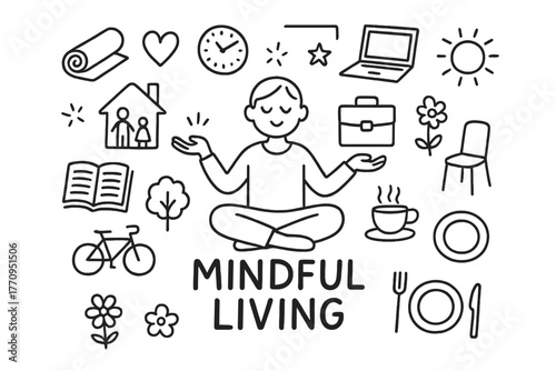 Mindful Living Doodle. Mindful living. Hand-drawn doodle illustration of mindful living. In the middle, one