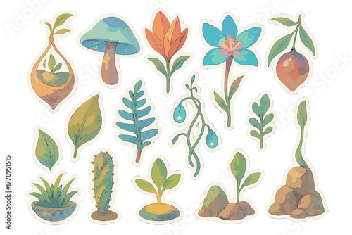 Futuristic Botanical Sticker Sheet. Futuristic botanical collection. Realistic hand-painted watercolor style