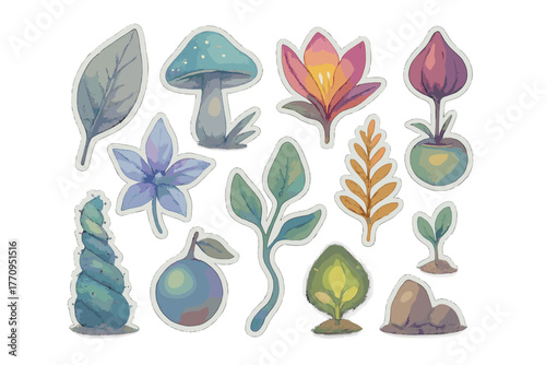 Futuristic Alien Flora. Futuristic alien flora. Realistic hand-painted watercolor style sticker sheet of