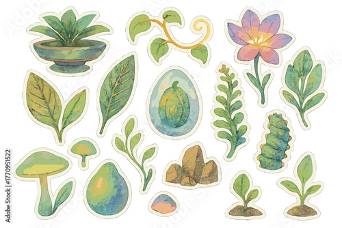 Futuristic Greenhouse Stickers. Futuristic greenhouse. Realistic hand-painted watercolor style sticker sheet