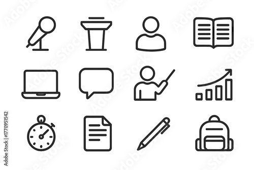 Oral Presentation Icons. Oral presentation. Line outline icon set of oral presentation: microphone, podium,