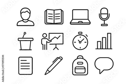 Speech Rehearsal Icons. Speech rehearsal. Line outline icon set of speech rehearsal: student, notebook, laptop