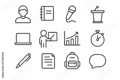 Student Speech Icons. Student speech preparation. Line outline icon set of student speech preparation: student