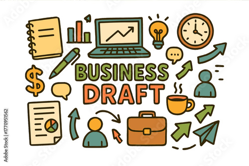 Business Draft Doodles. Business Draft. Hand-drawn doodle illustration of business draft. Notebook, pen,