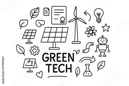 Green Tech Doodle. Green technology. Hand-drawn doodle illustration of green technology. In the middle, one