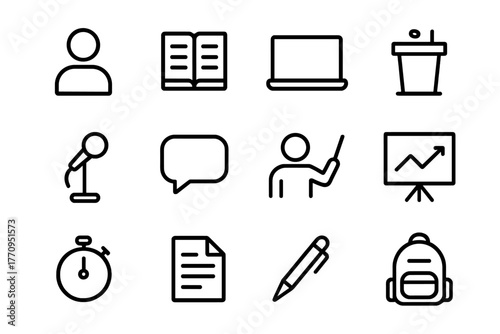 Classroom Rehearsal Icons. Classroom rehearsal. Line outline icon set of classroom rehearsal: student,