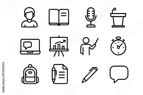 Oral Skills Icons. Oral skills practice. Line outline icon set of oral skills practice: student, notebook,