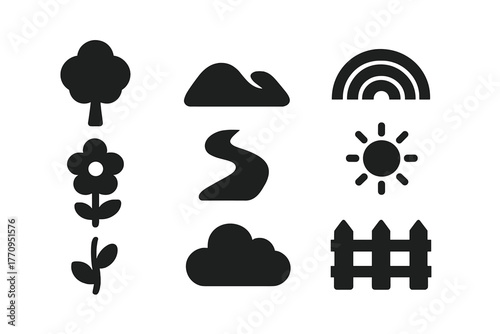 Peaceful Nature Icons. Peaceful nature. Filled icon set of peaceful nature: tree, hill, river, rainbow, sun,