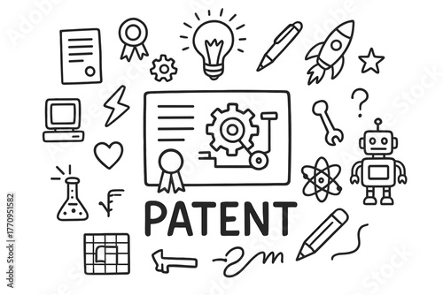 Patent Doodle Montage. Patent innovation. Hand-drawn doodle illustration of patent innovation. In the middle,