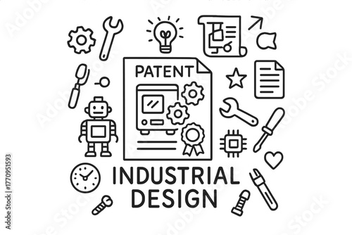 Industrial Design Doodles. Industrial design patents. Hand-drawn doodle illustration of industrial design