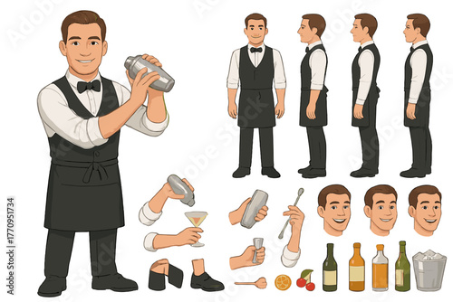 Male Mixologist Character Set. Cartoon realistic vector illustration, Character constructor style, isolated