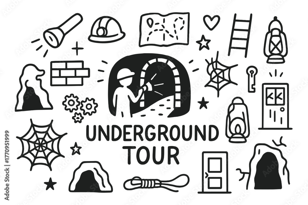 Fototapeta premium Exploring Abandoned Tunnels. Underground tourism and abandoned places. Hand-drawn doodle illustration of