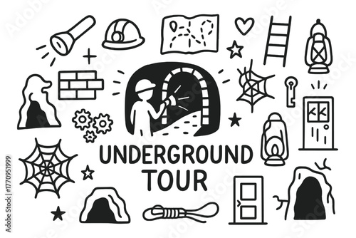 Exploring Abandoned Tunnels. Underground tourism and abandoned places. Hand-drawn doodle illustration of