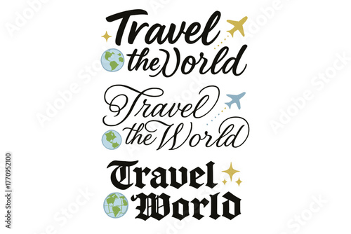 Travel Typography Journey. Travel the World. Create a calligraphy lettering illustration of the phrase: Travel