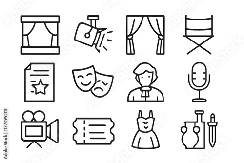 Theater Icon Set. Theater production. Line outline icon set of theater production: stage, spotlight, curtain,