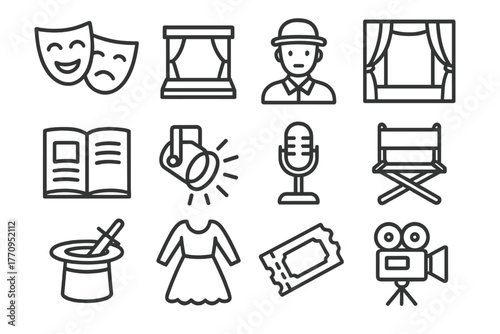 Drama Icon Set. Drama production. Line outline icon set of drama production: mask, stage, actor, curtain,