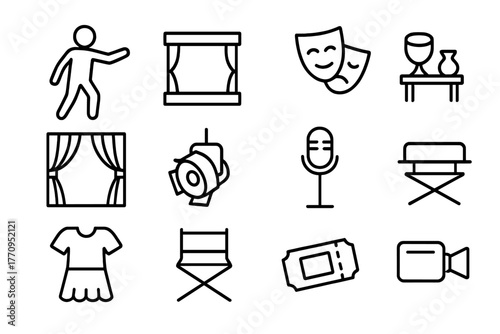 Theater Icon Set. Theater rehearsal. Line outline icon set of theater rehearsal: actor, stage, script, mask,