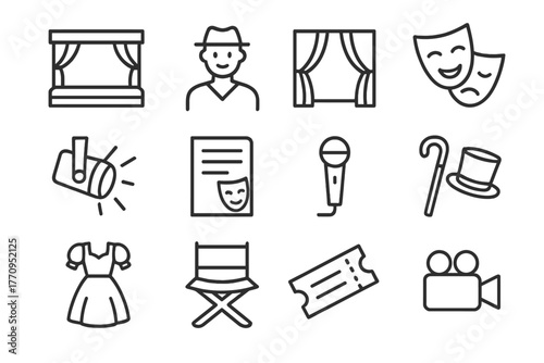 Theater Icons Collection. Theater event. Line outline icon set of theater event: stage, actor, curtain, mask,