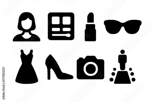 High-Fashion Icon Set. High-fashion campaign. Filled icon set of high-fashion campaign: model, makeup palette,