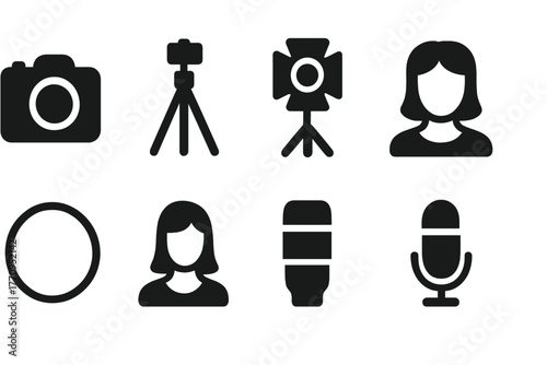 Photoshoot Icon Set. Photoshoot setup. Filled icon set of photoshoot setup: camera, tripod, light stand,