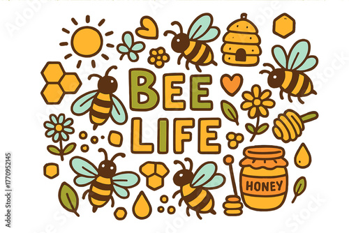 Bee Life Doodle. Bee Life. Hand-drawn doodle illustration of bee life. Hive, bees, honeycomb, flowers, pollen,