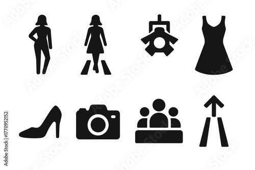 Runway Pose Icons Grid. Runway pose. Filled icon set of runway pose: model, catwalk, spotlight, dress, heels,