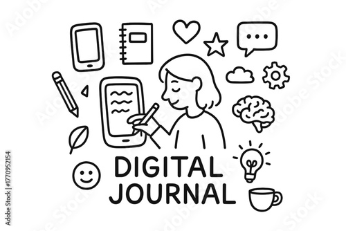 Digital Journaling Doodles. Digital journaling. Hand-drawn doodle illustration of digital journaling. In the