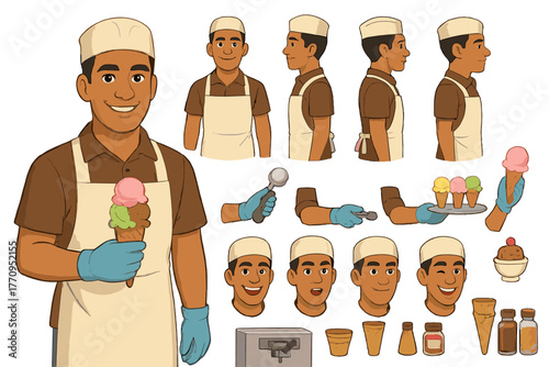 Ice Cream Chef. Cartoon realistic vector illustration, Character constructor style, isolated transparent
