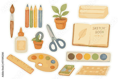 Watercolor Craft Stickers. Art and craft activities. Realistic hand-painted watercolor style sticker sheet of