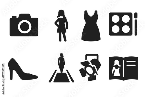 Fashion Editorial Icons. Fashion editorial. Filled icon set of fashion editorial: camera, model, dress, makeup