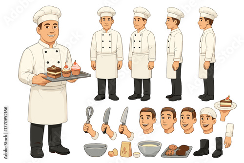 Pastry Chef Character Set. Cartoon realistic vector illustration, Character constructor style, isolated