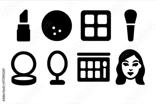 Editorial Makeup Icons. Editorial makeup. Filled icon set of editorial makeup: lipstick, blush, eyeshadow,