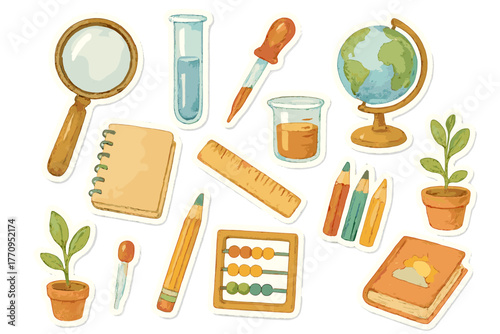 Watercolor STEM Stickers. STEM activity kit. Realistic hand-painted watercolor style sticker sheet of STEM