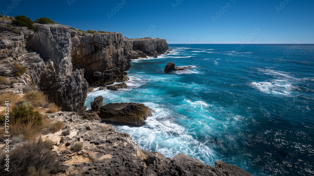 Obraz premium 夏の崖上から望む青空と大海の景色