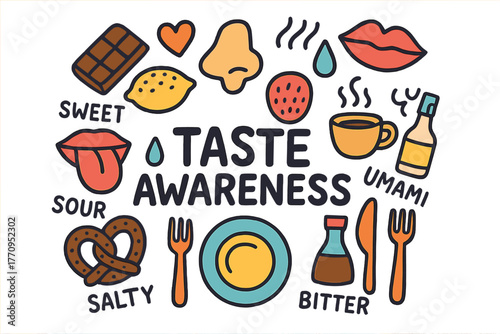 Taste Sensory Doodle. Taste Awareness. Hand-drawn doodle illustration of taste awareness. Tongue, taste buds,