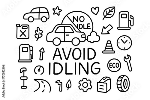 Avoid Idling Doodle. Avoid idling. Hand-drawn doodle illustration of avoid idling. In the middle, one slightly