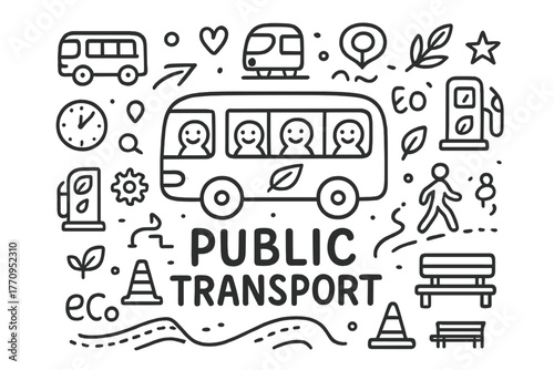 Doodle Public Transport Icons. Public transport. Hand-drawn doodle illustration of public transport. In the