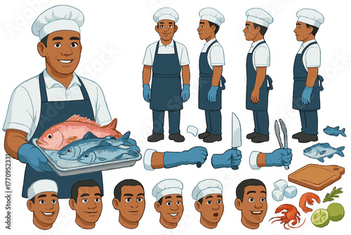 Seafood Chef Character Design. Cartoon realistic vector illustration, Character constructor style, isolated