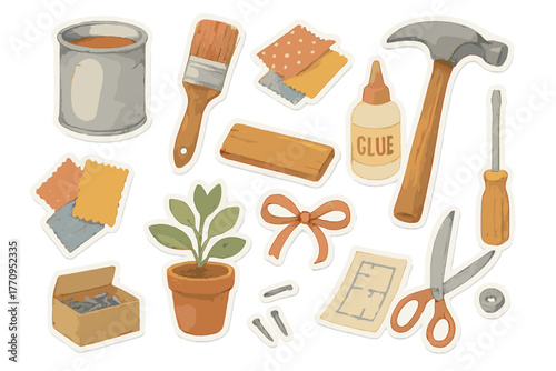 Crafting Essentials Stickers. DIY decoration materials. Realistic hand-painted watercolor style sticker sheet