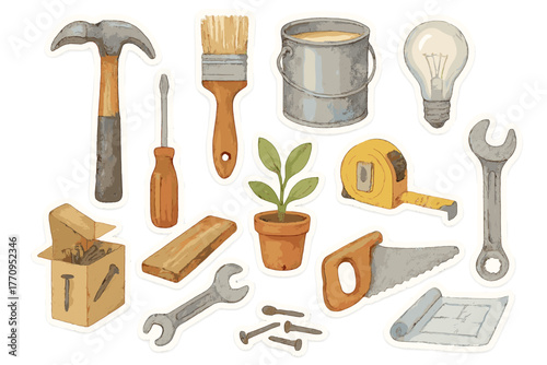 Watercolor DIY Sticker Set. DIY home decor and renovation projects. Realistic hand-painted watercolor style