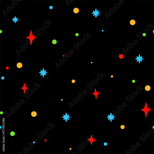 Colorful star and dot design on black