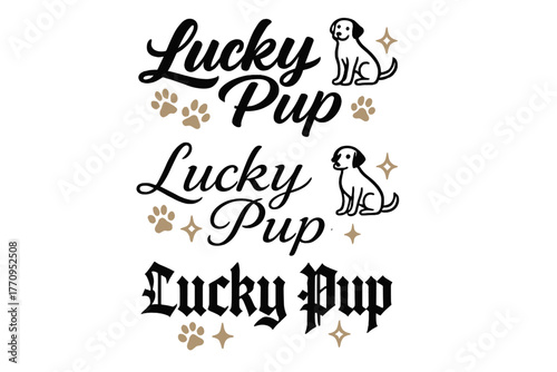 Lucky Pup Calligraphy. Pup. Create a calligraphy lettering illustration of the phrase: Lucky Pup. Render 3