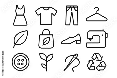 Eco-Friendly Fashion Icons. Green fashion. Line outline icon set of green fashion: dress, t-shirt, jeans,