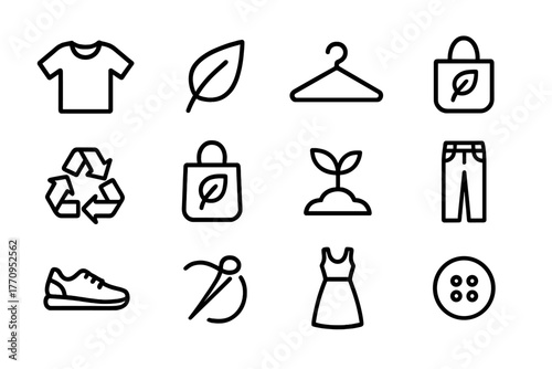 Sustainable Fashion Icons. Sustainable fashion. Line outline icon set of sustainable fashion: t-shirt, leaf,