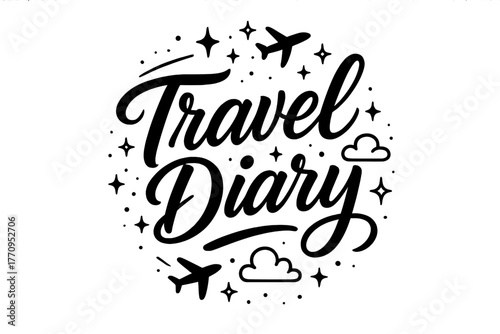 Travel Diary Elegance. Travel Diary. modern hand lettering with bold black brush strokes, flowing elegant
