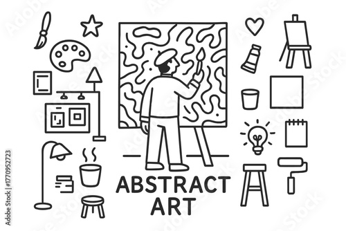Abstract Art Creation. painter creating abstract art on a large canvas in a modern gallery. Hand-drawn doodle