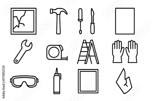 Window Repair Icons. Fixing or replacing a broken window. Line outline icon set of fixing or replacing a