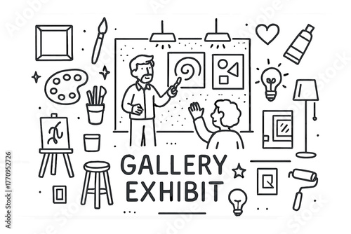 Artist's Abstract Showcase. Gallery exhibit. Hand-drawn doodle illustration of gallery exhibit. In the middle,