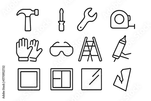 Home Repair Icons. Home repair tools. Line outline icon set of home repair tools: hammer, screwdriver, wrench,